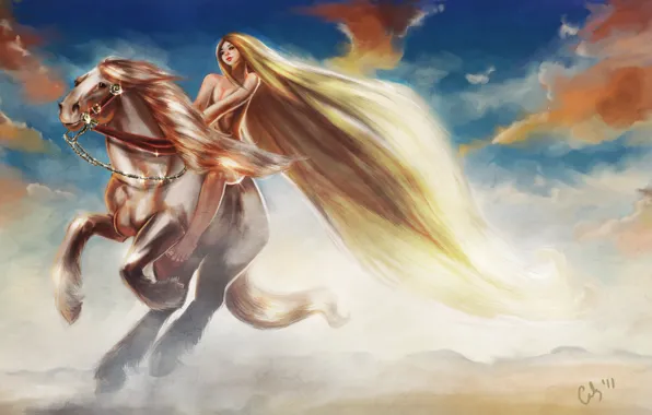 Picture the sky, girl, clouds, animal, horse, art, mane, long hair
