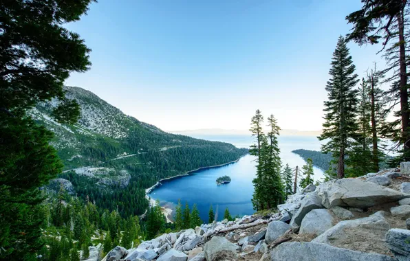 Forest, trees, mountains, lake, stones, rocks, CA, USA