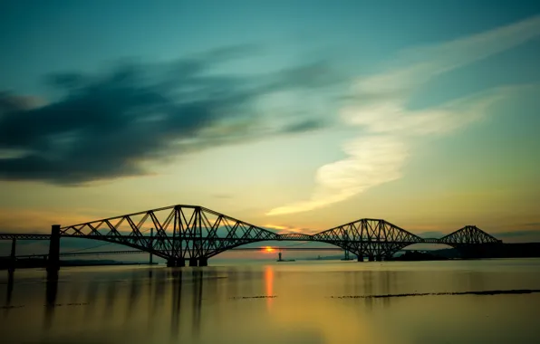 Sea, the sky, clouds, sunset, bridge