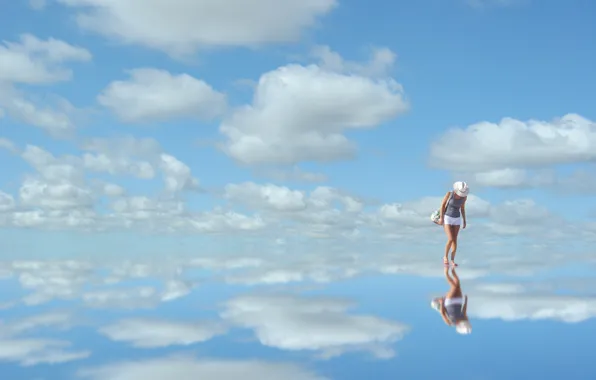 Picture the sky, clouds, blue, reflection, woman, mirror, sky, woman