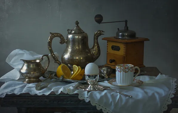 Lemon, Coffee, Morning, Egg, Cup, sugar bowl, Tablecloth, Coffee grinder