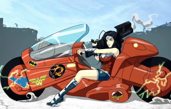 Picture girl, motorcycle, Wonder Woman, bike, dc comics, fan art, justice league, akira