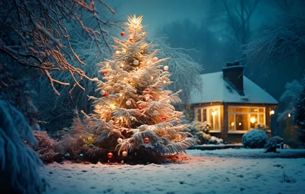 Winter, snow, decoration, night, balls, tree, New Year, Christmas
