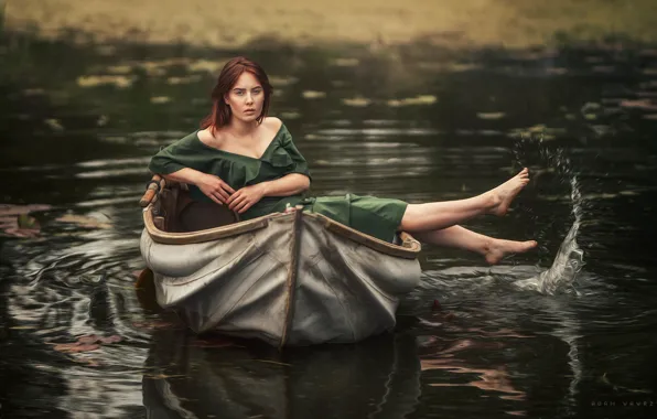 Picture water, girl, pose, river, boat, legs, Adam Wawrzyniak