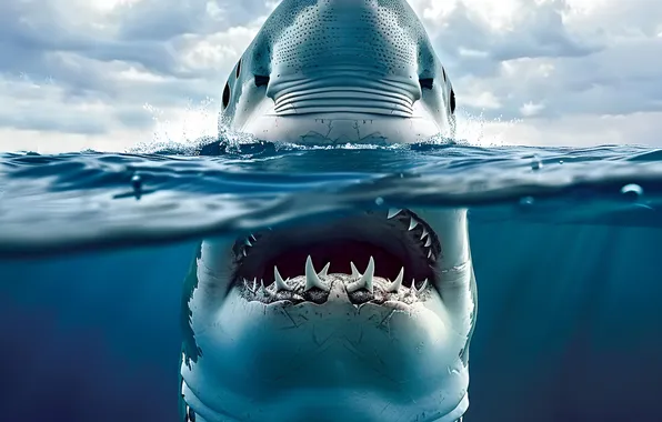 Picture Water, Shark, Teeth, Mouth, Face, Digital art, Predator, AI art