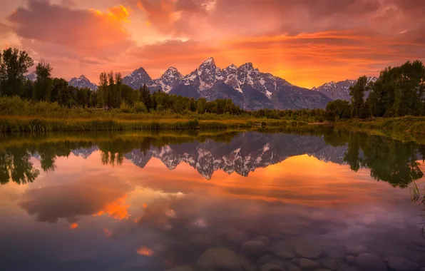 The sky, sunset, mountains, lake