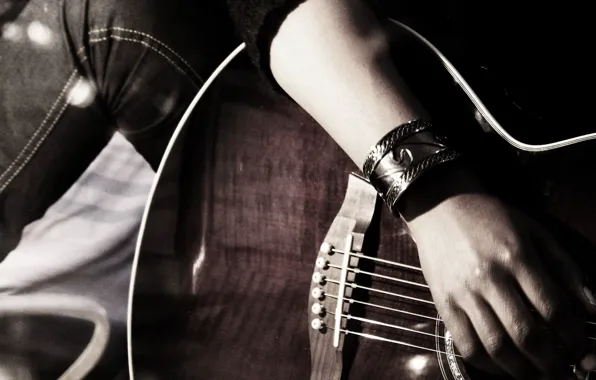 Hand, jeans, strings, Guitar, bracelet