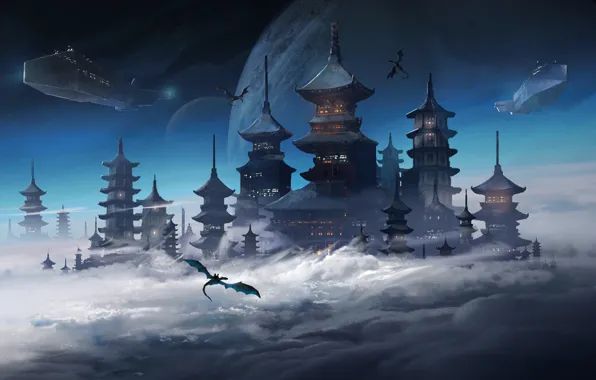 Picture space, clouds, the city, fantasy, fiction, planet, spaceship