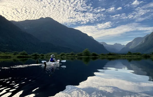 Girl, mountains, lake, shore, boat, swimming
