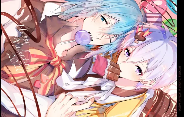 Chocolate, guys, bow, Valentine, blue hair, wink, happy valentine's day, Lollipop