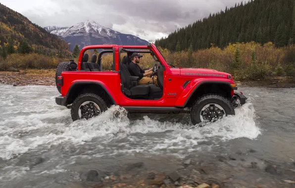 Picture red, stream, wave, 2018, Jeep, Wrangler Rubicon, forcing