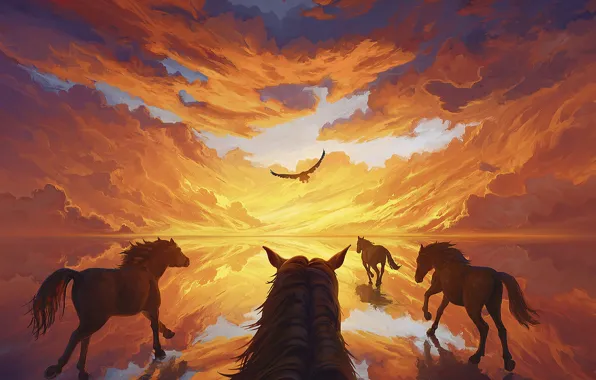 Sunset, Bird, Horse, Art, Rendering