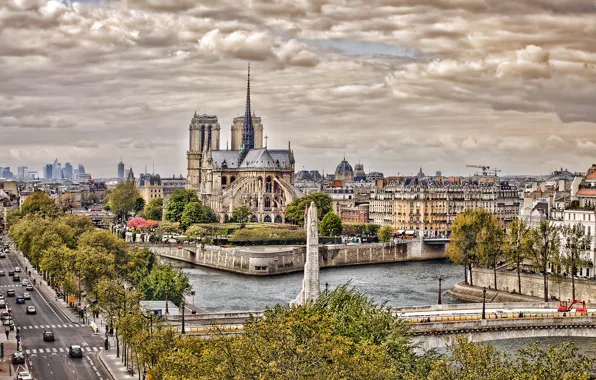 Picture road, the sky, machine, clouds, bridge, the city, river, France