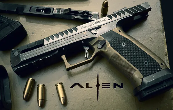 Picture gun, weapons, pistol, weapon, Alien, render, Alien, Logo