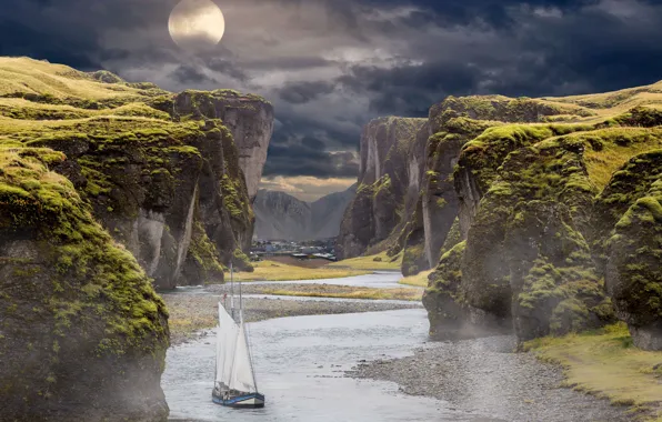 Rendering, rocks, collage, the moon, ship, sailboat, the full moon, pond