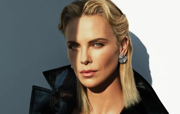 Look, the sun, Charlize Theron, portrait, makeup, jacket, hairstyle, blonde