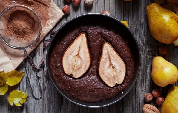 Leaves, Board, chocolate, pie, nuts, pear, hazelnuts, cocoa