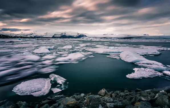 Winter, mountains, the ocean, shore, ice, Scandinavia, South Iceland