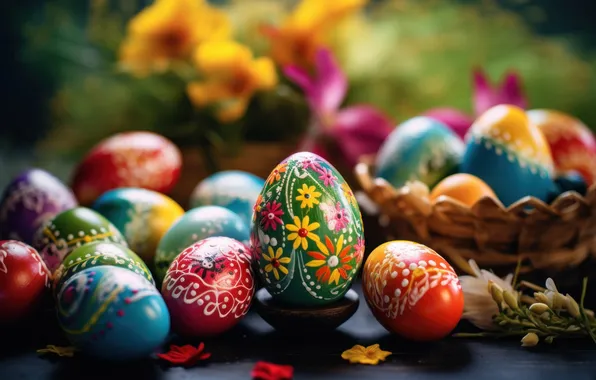 Flowers, holiday, eggs, spring, Easter, painted, Easter, eggs