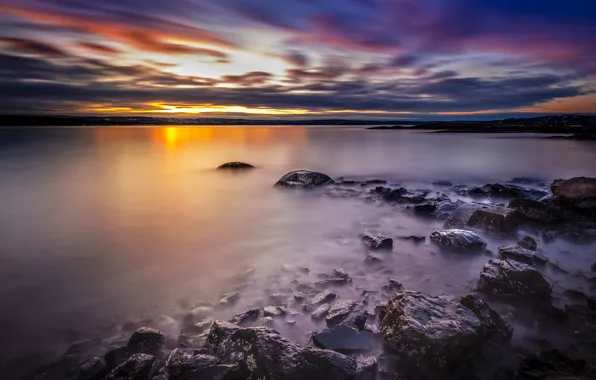 Wallpaper Sunset Stones Shore Pond For Mobile And Desktop Section Resolution