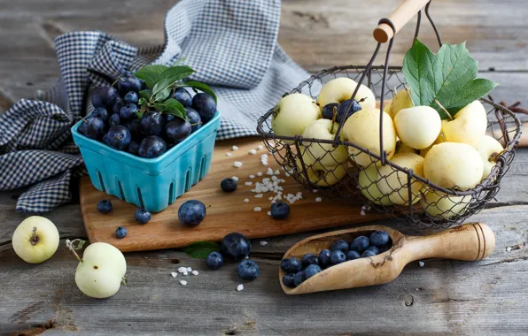 Berries, basket, apples, blueberries, dishes, fruit, basket, plum
