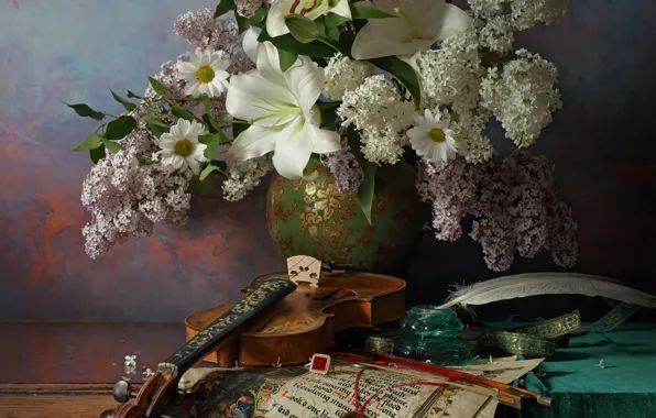 Flowers, branches, pen, violin, Lily, vase, still life, lilac