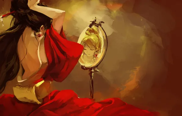 Girl, reflection, red, dress, mirror, art, touhou, back