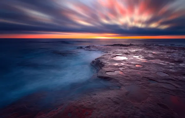 The sky, sunset, the ocean, rocks, the evening, excerpt, CA, USA