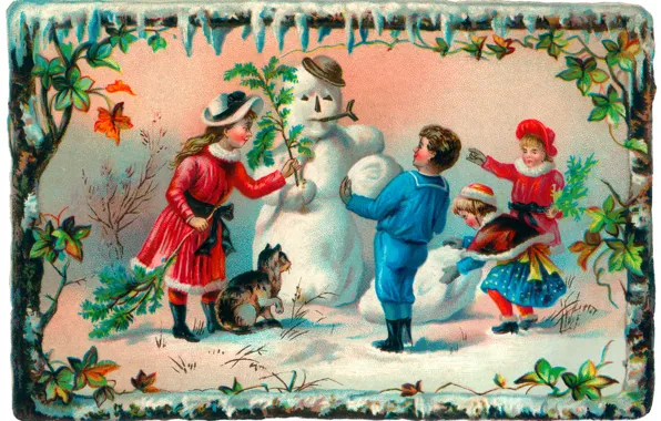 Winter, cat, children, girls, boy, snowman, postcard