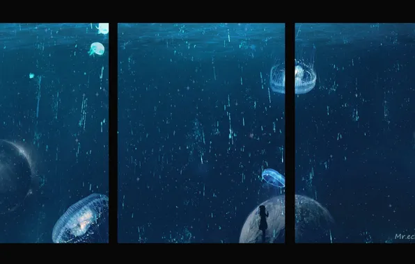 Girl, space, fiction, jellyfish, under water