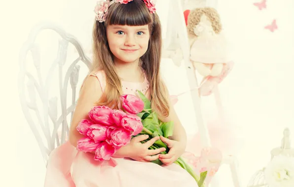 Picture girl, flowers, face, child, tulips