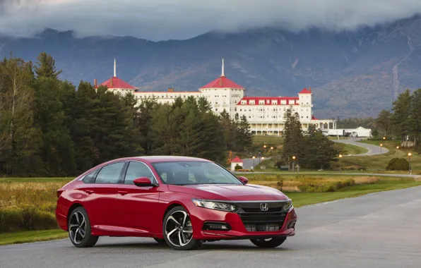 Mountains, red, Honda, Accord, sedan, 2018, four-door, 2.0T Sport