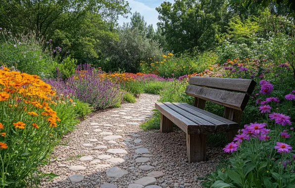 Greens, summer, flowers, bench, Park, garden, shop, path