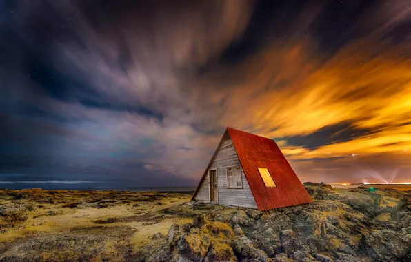 Picture the sky, stars, light, night, house, Iceland, Larry Gerbrandt photography