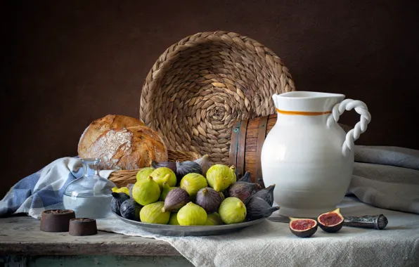 The dark background, table, pitcher, still life, network, items, composition, figs