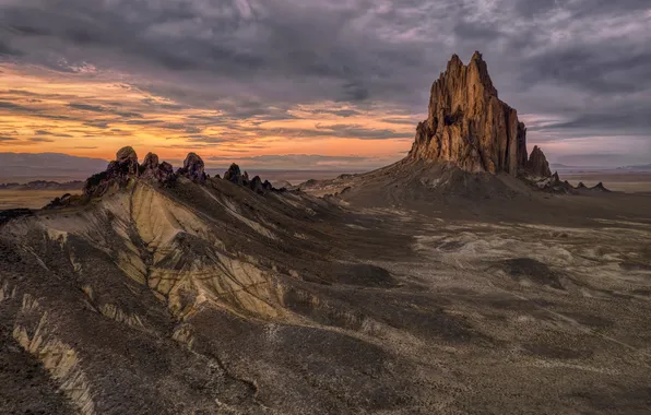 The sky, clouds, sunset, mountains, rocks, desert, the slopes, tops