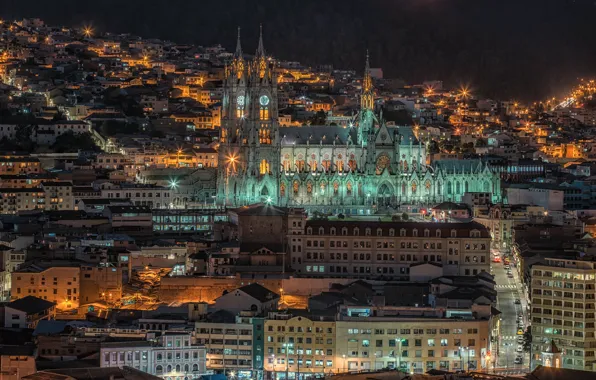 Night, panorama, Cathedral, Ecuador, Quito