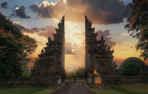 Road, clouds, light, trees, gate, Bali, Indonesia, temple