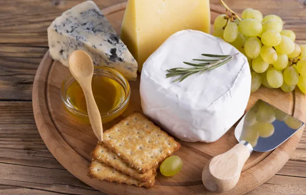 Cheese, grapes, honey, crackers, rosemary, Dor blue, Cheese, cheese