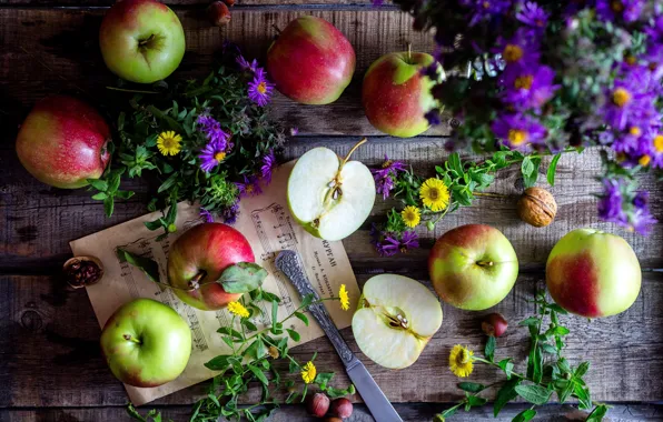 Picture flowers, apples, nuts, wood