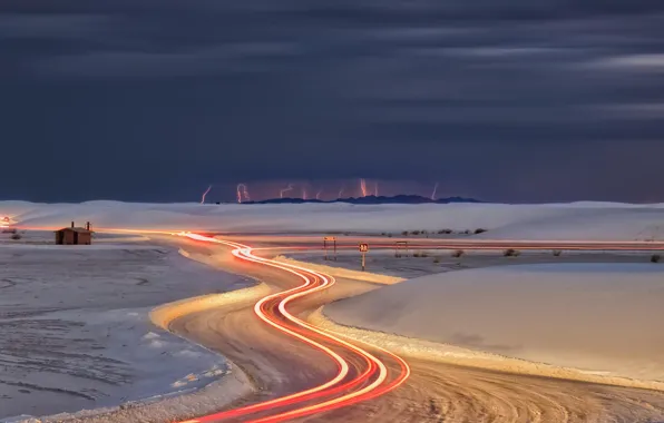 Picture winter, road, the storm, clouds, snow, lightning, the evening