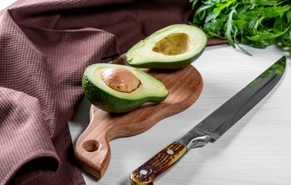 Greens, table, fruit, knife, white background, fabric, fruit, halves