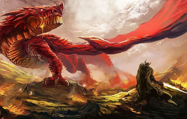 Picture red, dragon, war, art, rage, lizard, battle