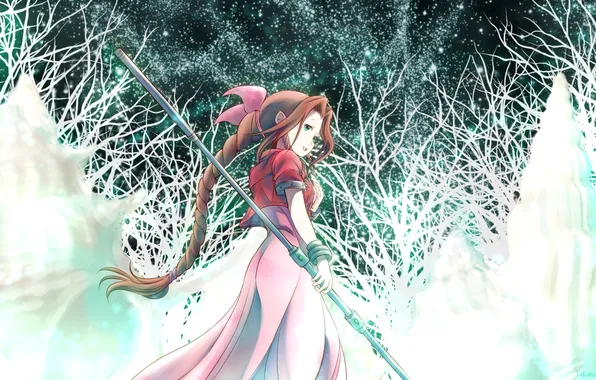 Picture winter, the sky, girl, stars, snow, weapons, anime, art