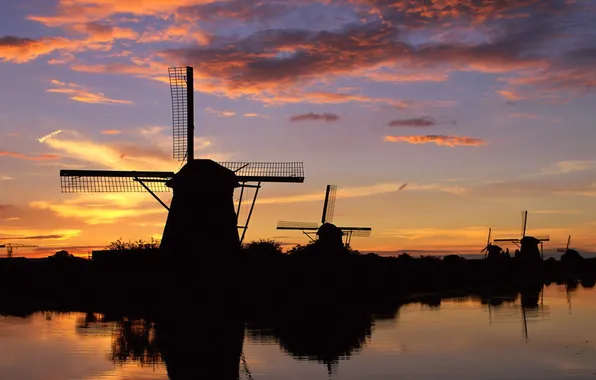 Picture the sky, water, sunset, mill