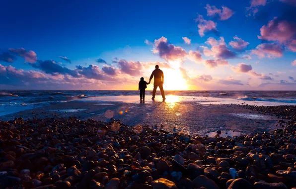 Sea, beach, the sun, rays, light, sunset, stones, mood