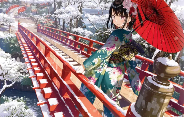 Girl, kimono, red umbrella, winter landscape, flower in hair, turned, wooden bridge, the snow on …