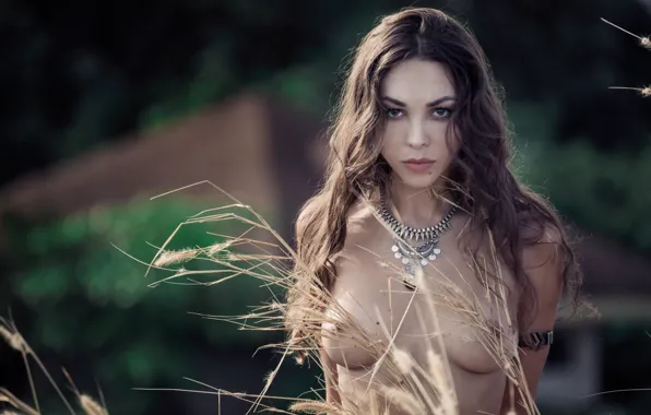Chest, grass, look, girl, hair, necklace