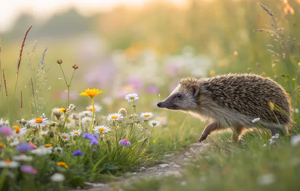 Field, summer, light, flowers, glade, chamomile, meadow, hedgehog