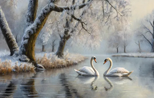 Winter, snow, lake, pair, painting, swans, two swans, AI art